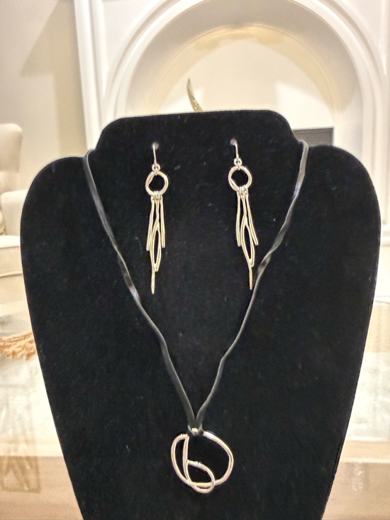 None Jewelry - Gold-Tone Loop Pendant Necklace with Black Cord and Matching Dangle Earrings